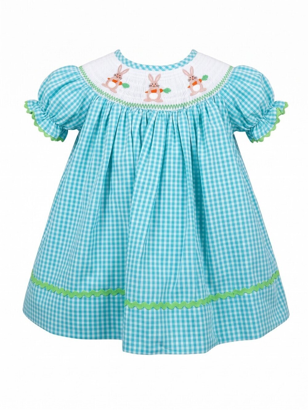 Cactus Aqua Gingham Bunny Smocked Puff Sleeve Dress with Lime Trim